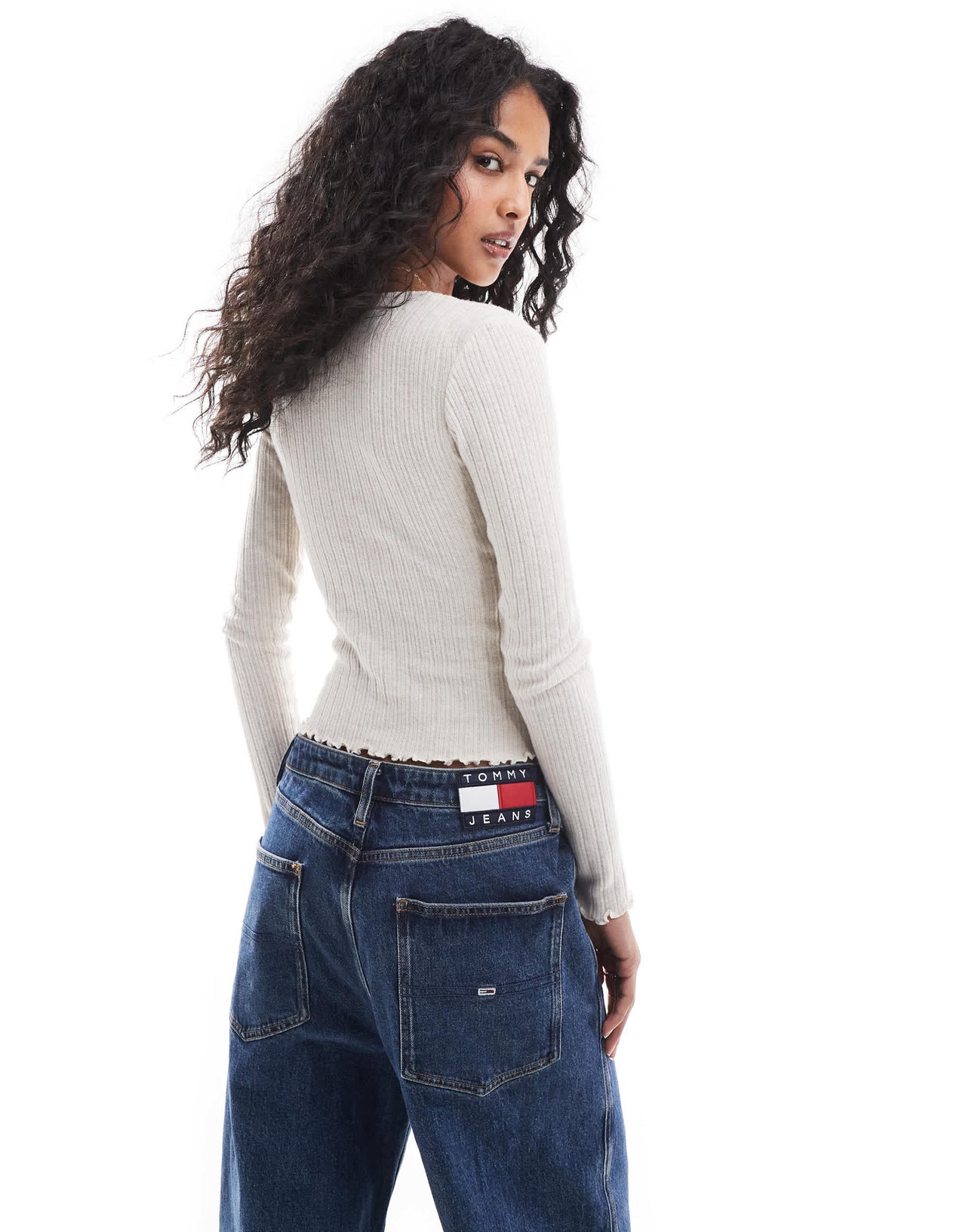 Pull&Bear soft rib long sleeve tee with rose detail in ecru
