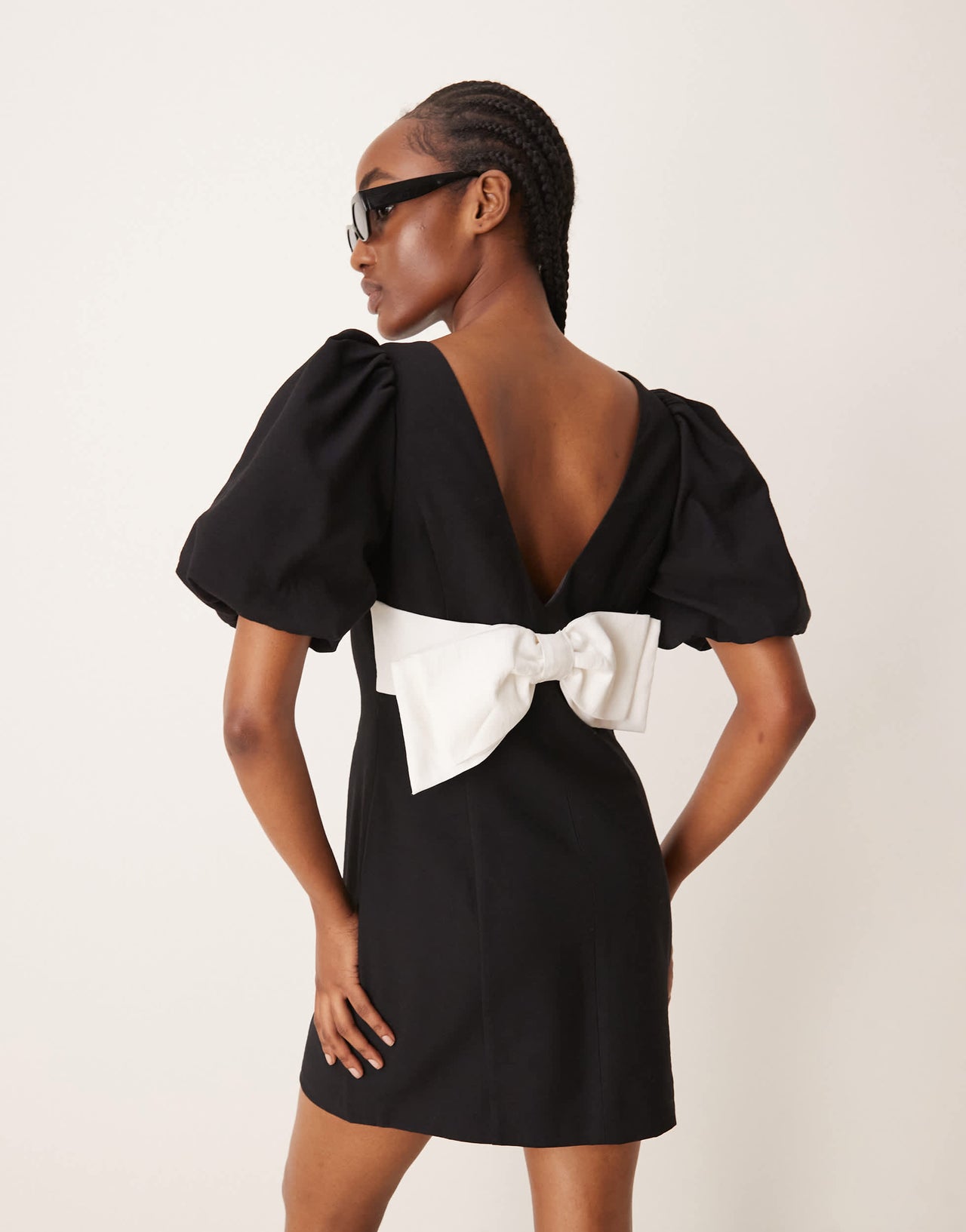 Ever New bow back puff sleeve mini dress in black
