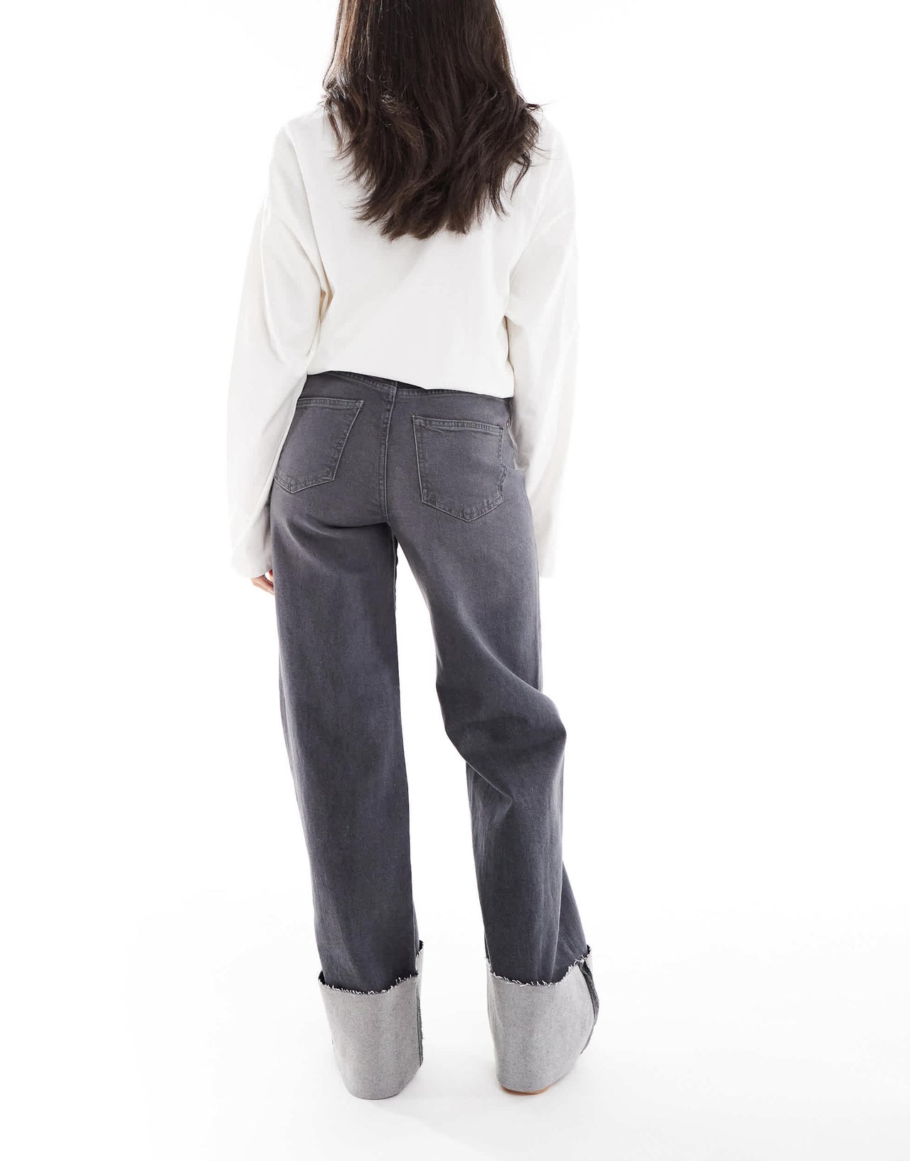 Pieces straight leg fold up jeans in washed grey