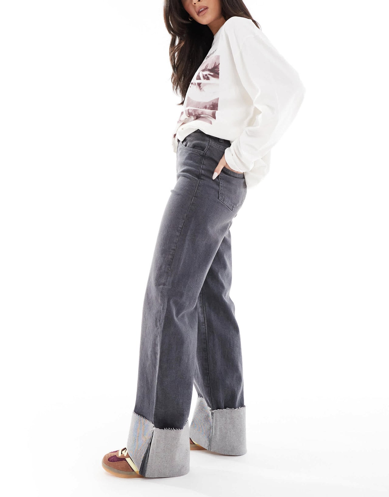 Pieces straight leg fold up jeans in washed grey