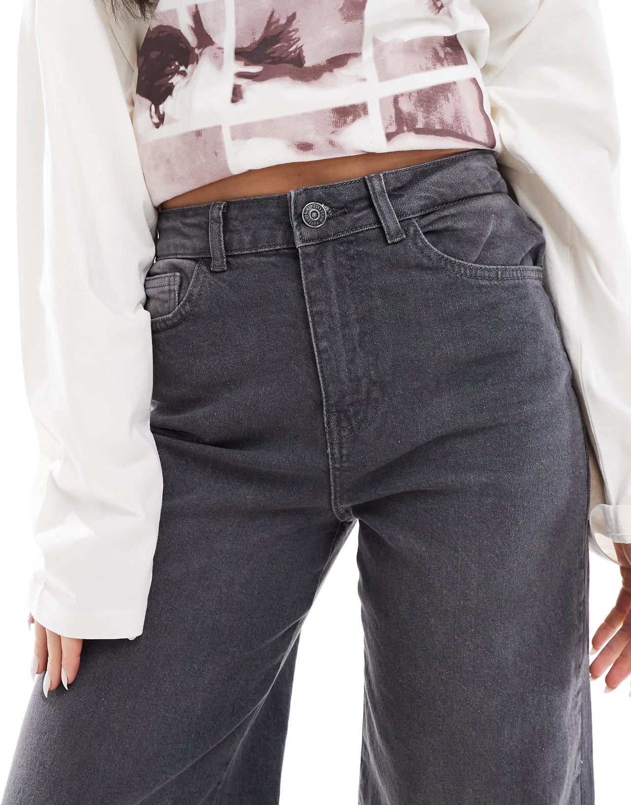 Pieces straight leg fold up jeans in washed grey