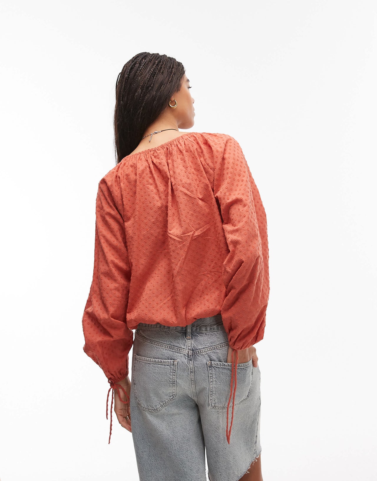Topshop dobby ruched neck tie front top in rust