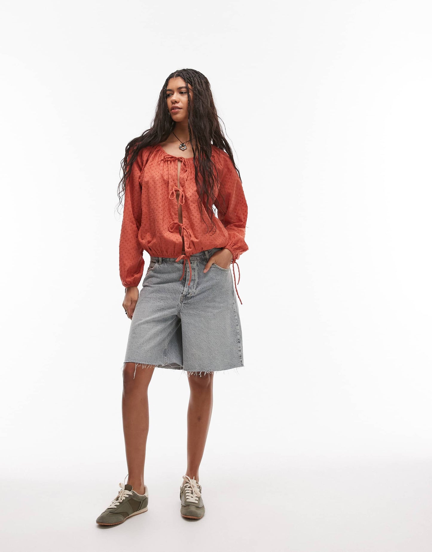 Topshop dobby ruched neck tie front top in rust