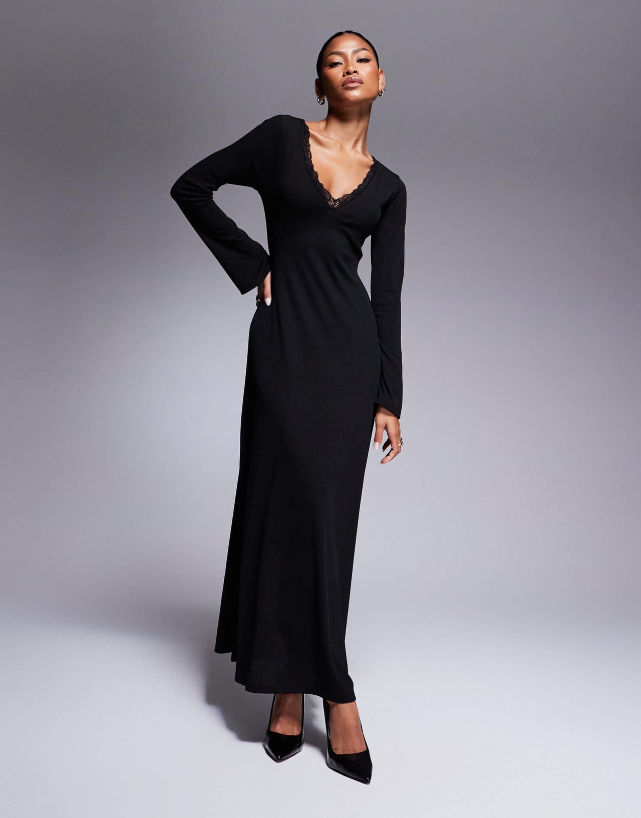 ASOS DESIGN v-neck soft flare ribbed maxi dress in black