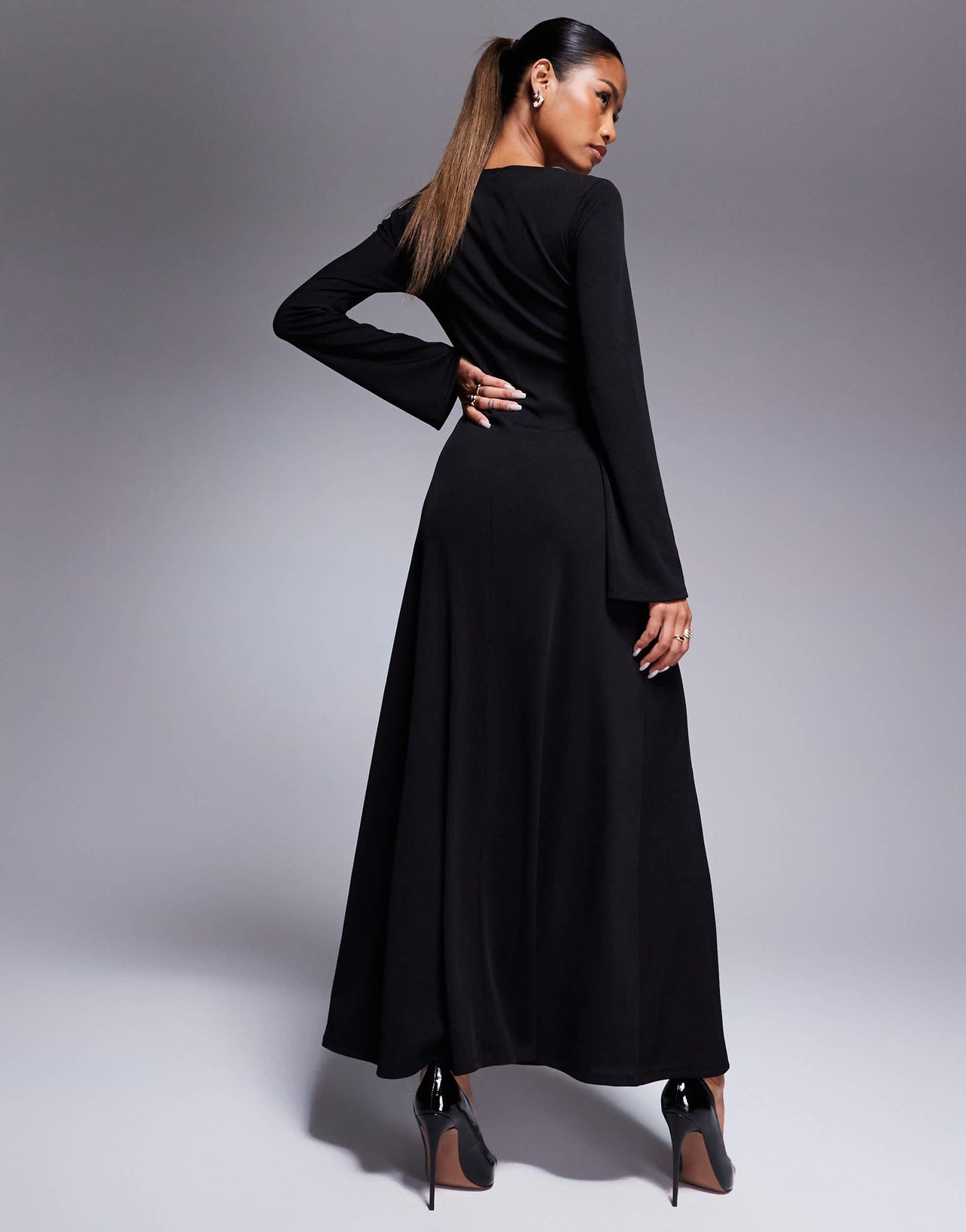 ASOS DESIGN v-neck soft flare ribbed maxi dress in black