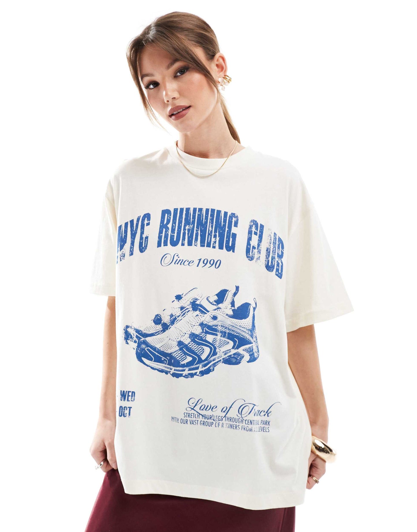 ASOS DESIGN Oversized t shirt in texture with Running Club Graphic in cream