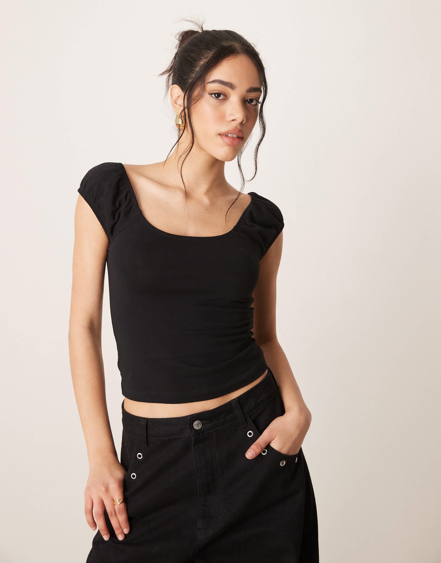 ASOS DESIGN puff sleeve sun top in black