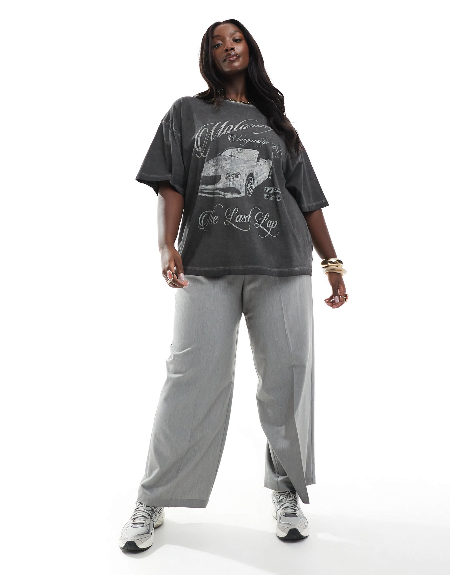 ASOS DESIGN Curve oversized t shirt with motoring car graphic in washed charcoal