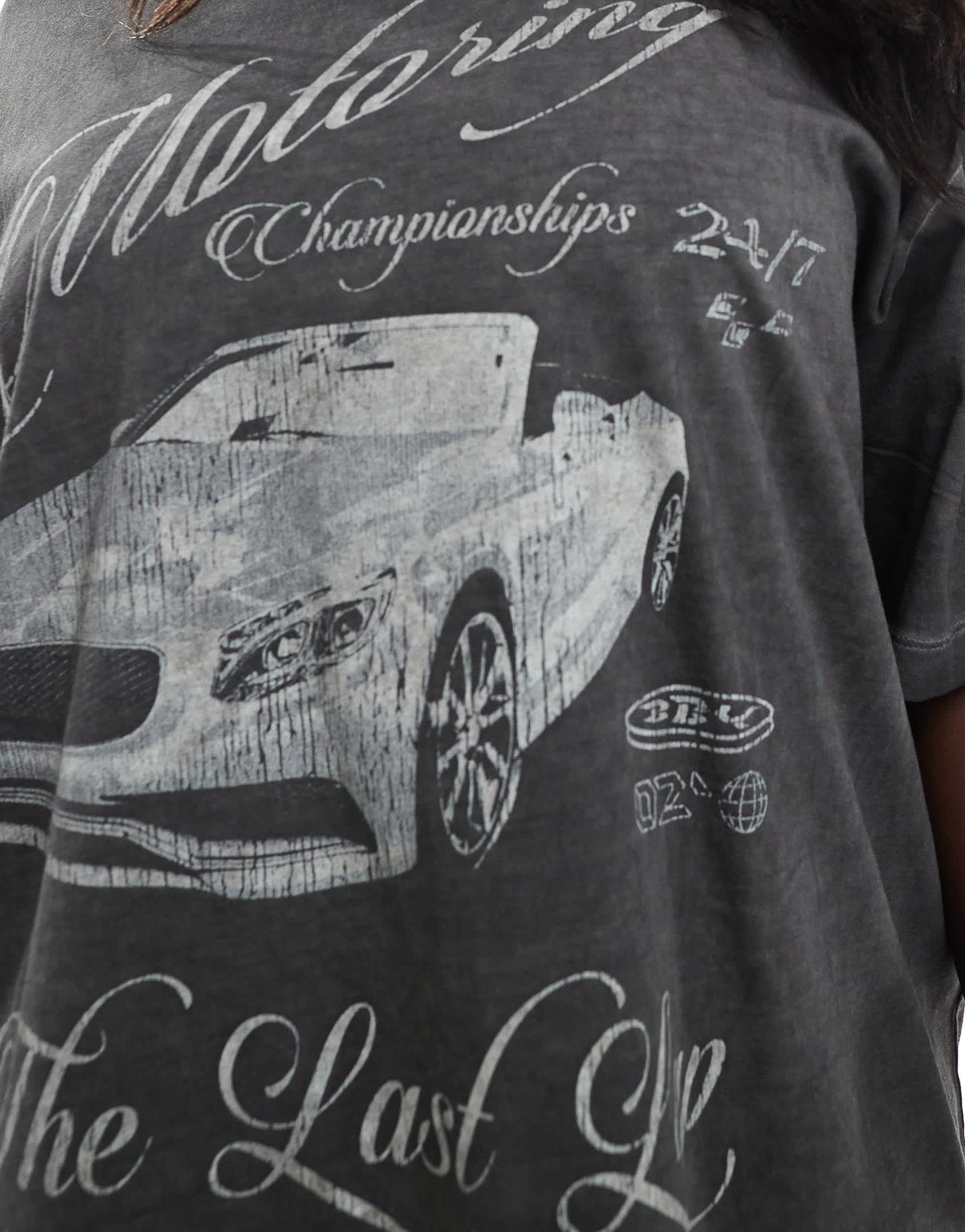 ASOS DESIGN Curve oversized t shirt with motoring car graphic in washed charcoal