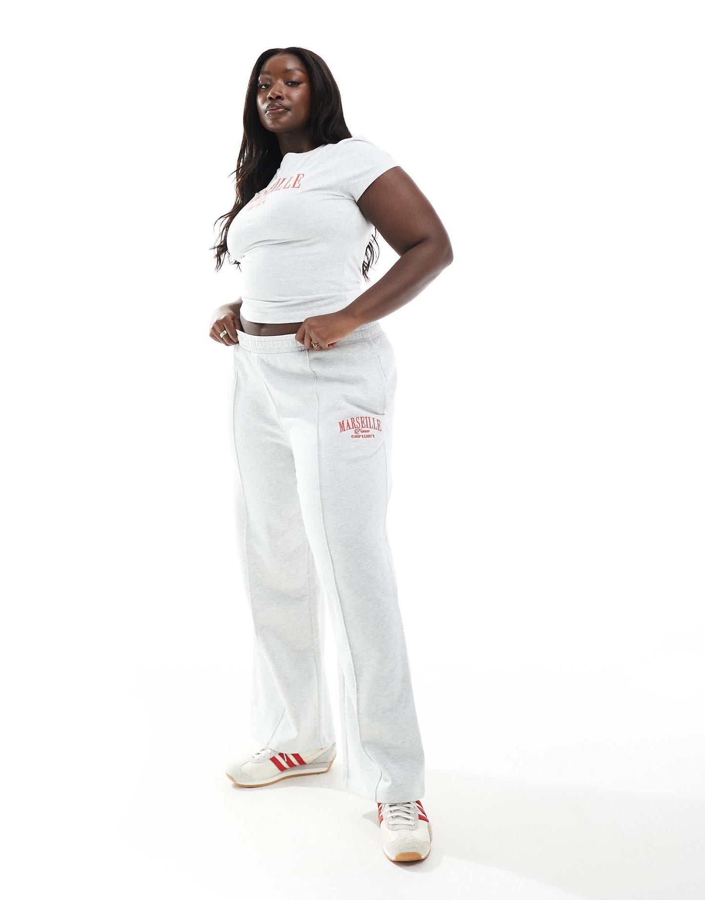 ASOS DESIGN Curve straight leg jogger with Marseille embroidered graphic in ice marl