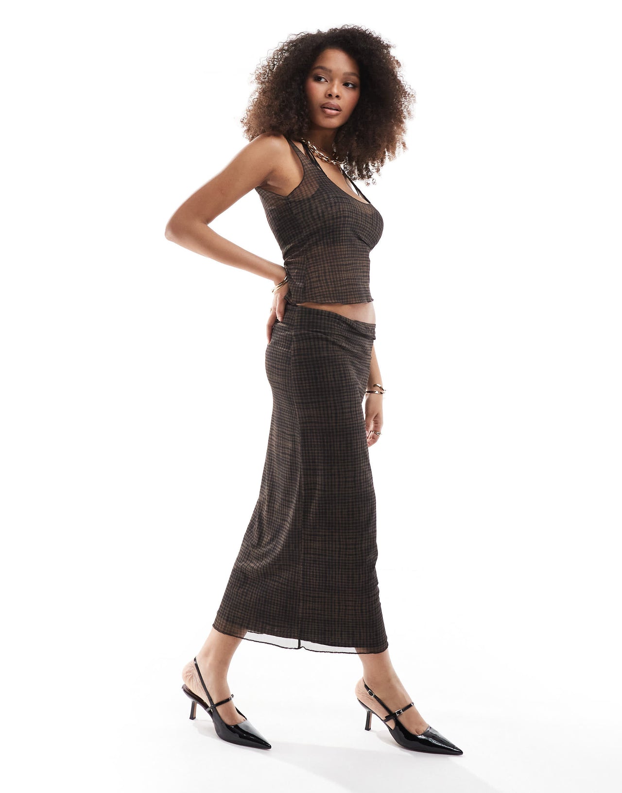 Pull&Bear lace insert mesh top co-ord in brown check