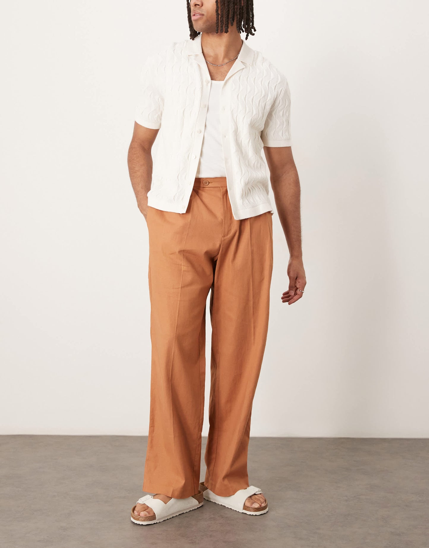 ASOS DESIGN smart wide leg linen blend trousers with double pleats in rust