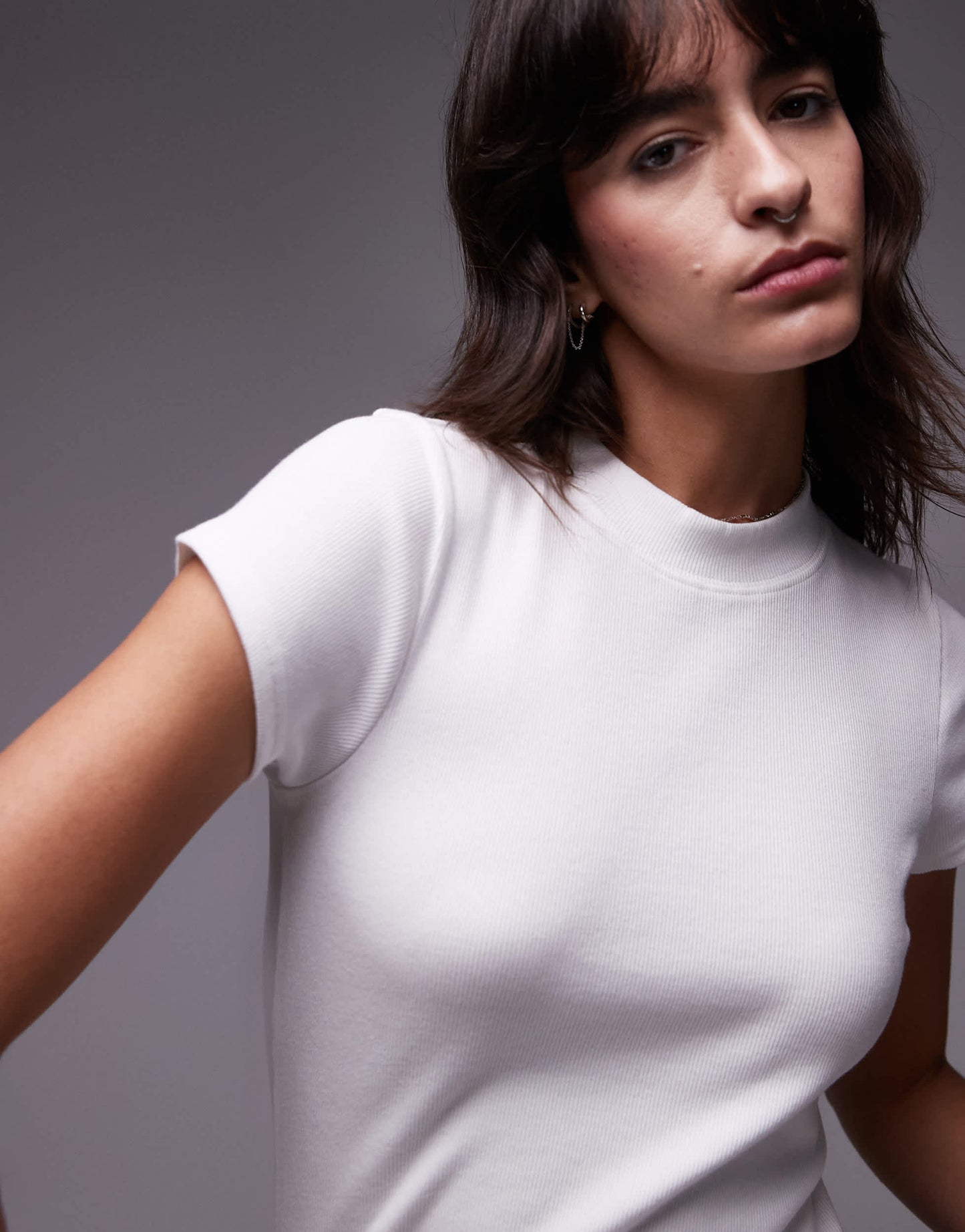 Topshop rib fitted curve hem tee in white
