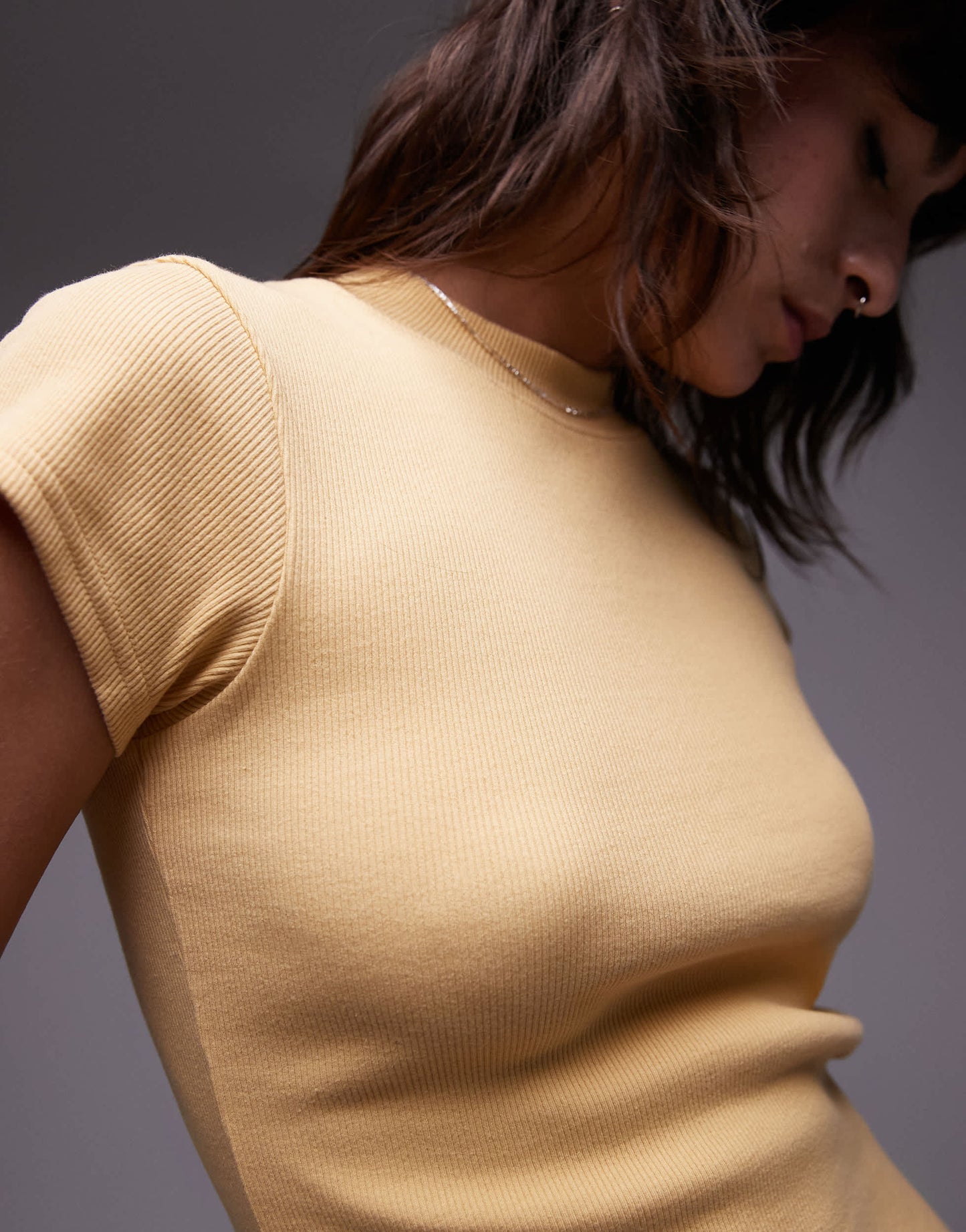 Topshop rib fitted curve hem tee in buttermilk