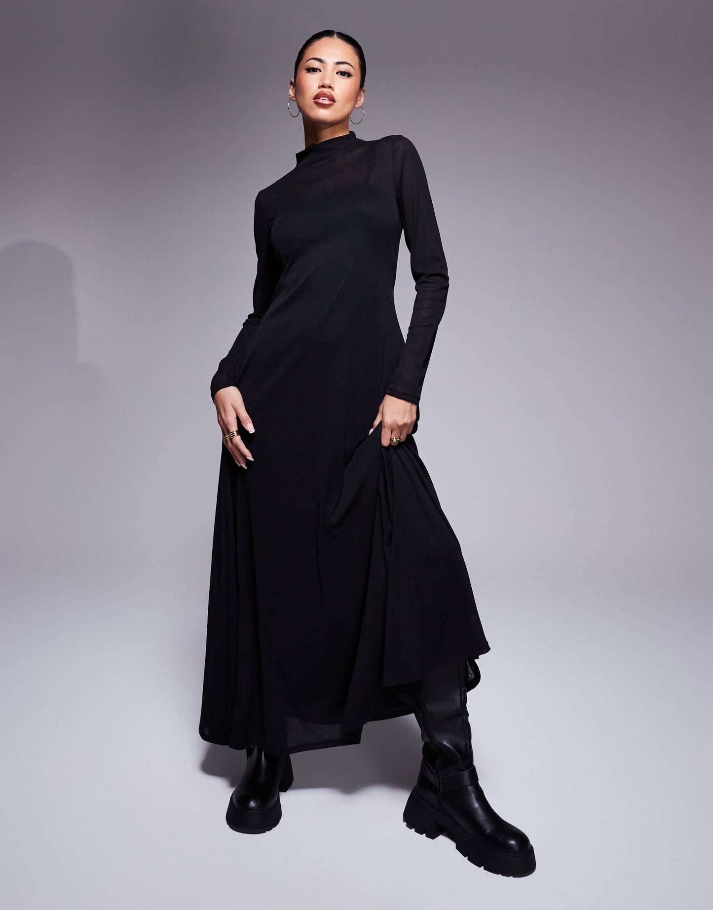 ASOS DESIGN sheer long sleeve maxi dress with godet inserts in black