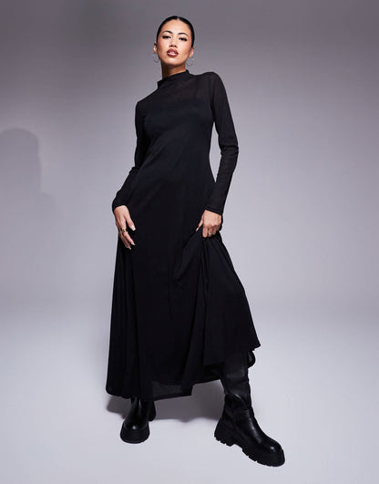 ASOS DESIGN sheer long sleeve maxi dress with godet inserts in black
