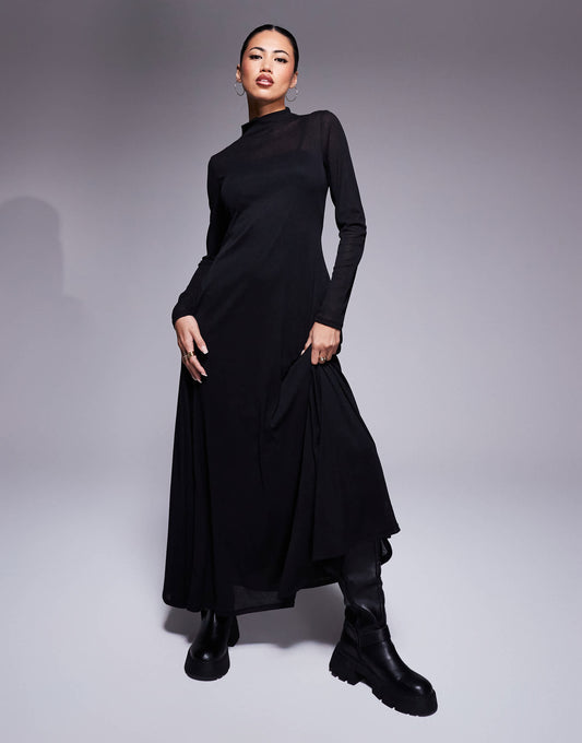 ASOS DESIGN sheer long sleeve maxi dress with godet inserts in black