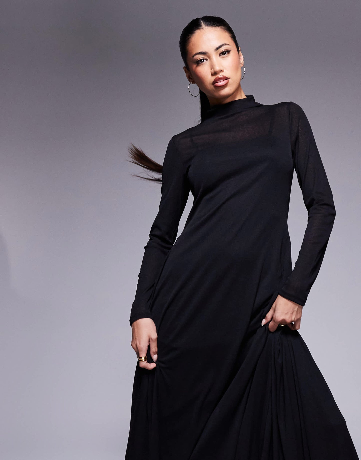 ASOS DESIGN sheer long sleeve maxi dress with godet inserts in black