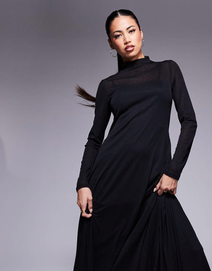 ASOS DESIGN sheer long sleeve maxi dress with godet inserts in black