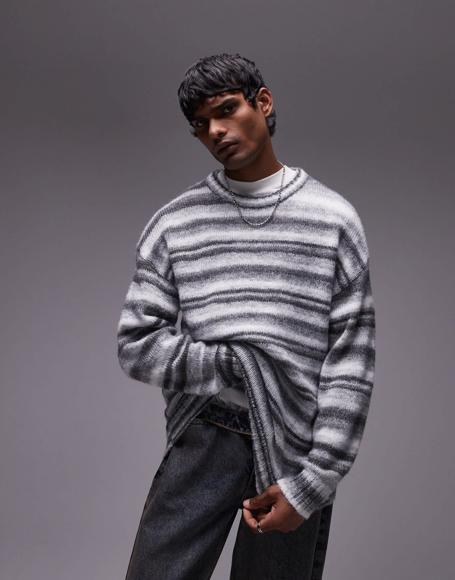 Topman relaxed fit fluffy stripe jumper in grey stripe