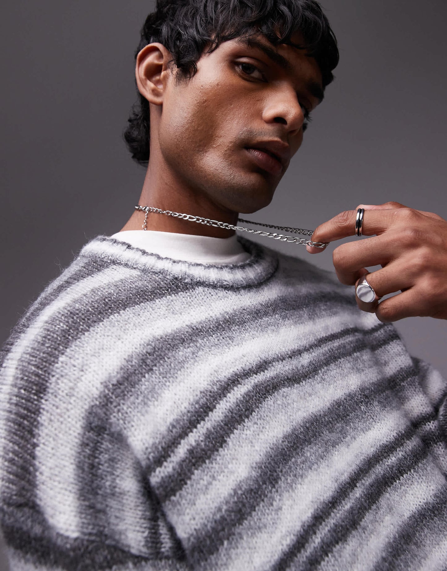 Topman relaxed fit fluffy stripe jumper in grey stripe