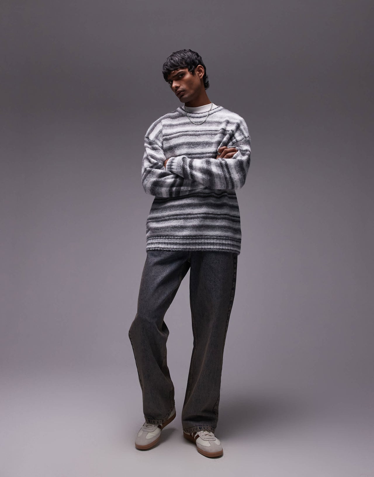 Topman relaxed fit fluffy stripe jumper in grey stripe
