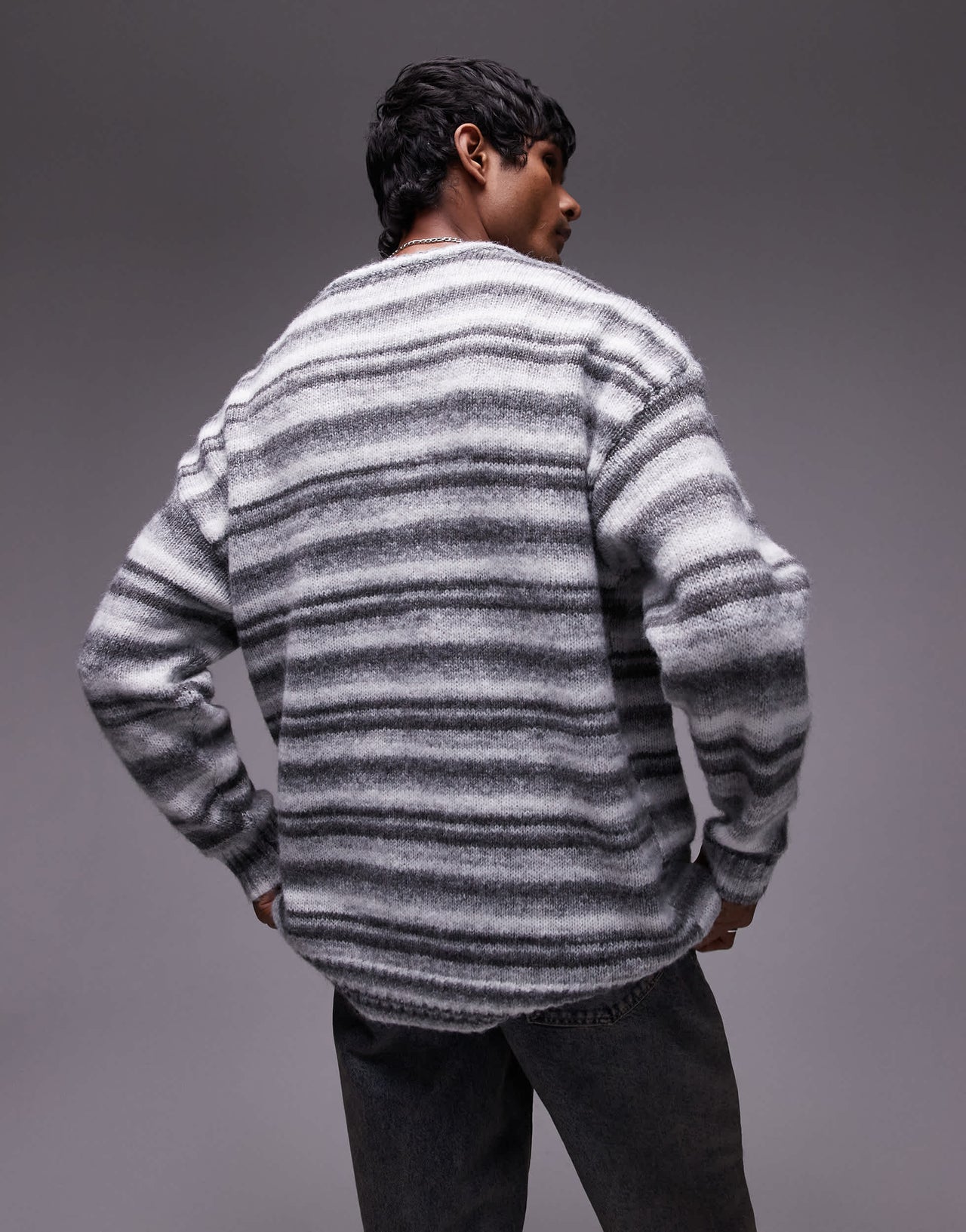 Topman relaxed fit fluffy stripe jumper in grey stripe