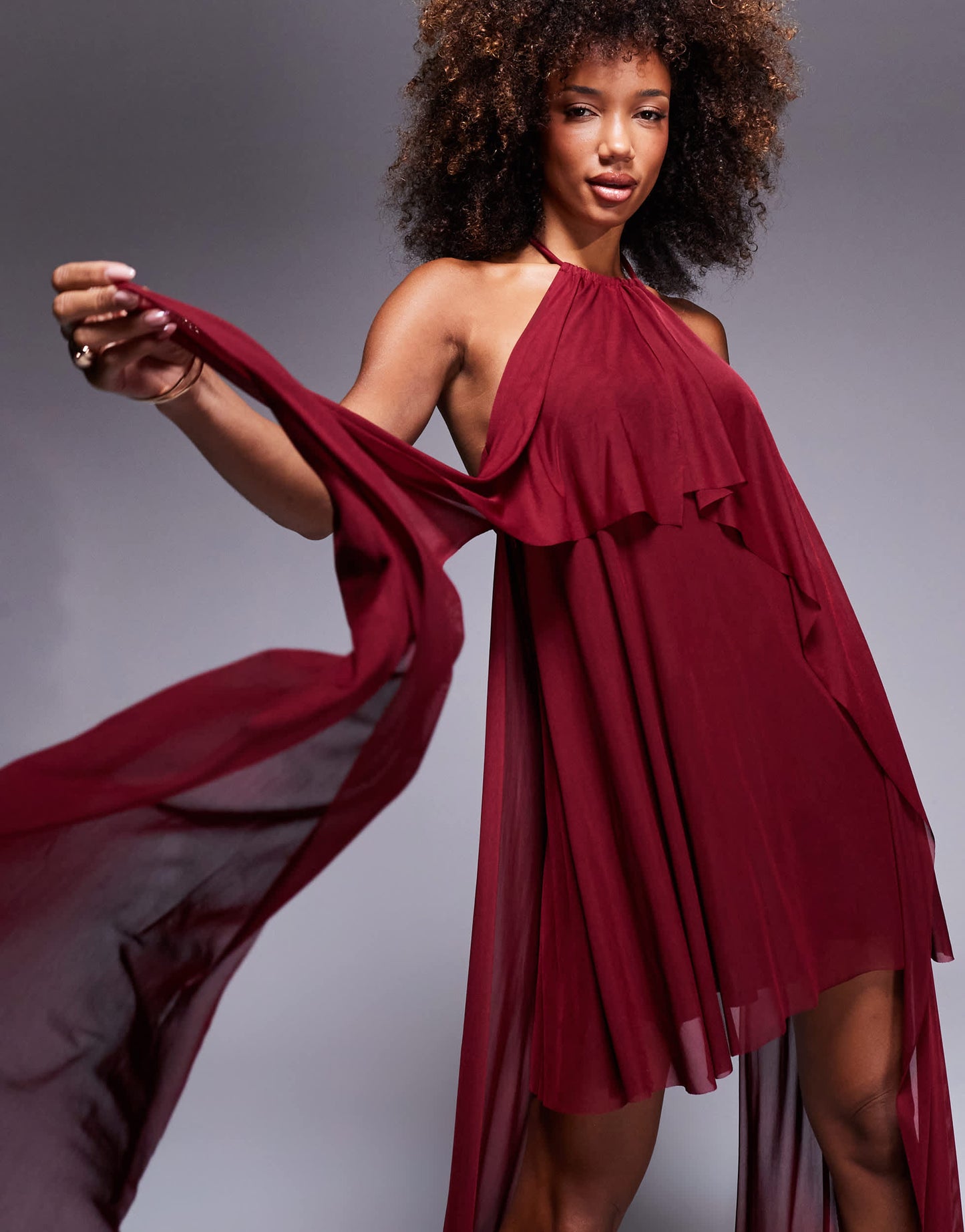ASOS DESIGN draped cape mini halter dress in mesh in burgundy