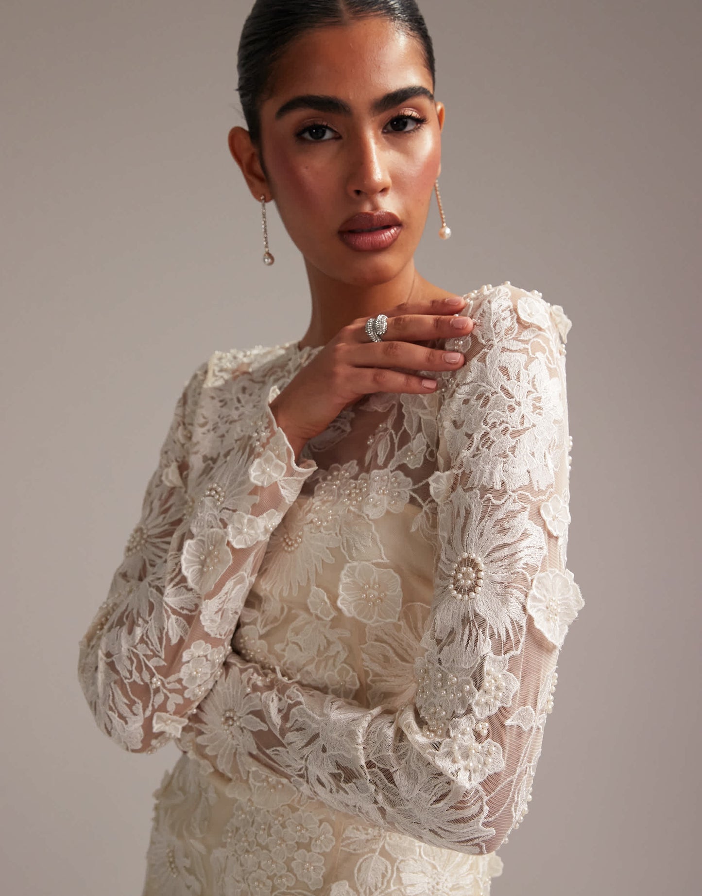 ASOS DESIGN long sleeve embroidered mini wedding dress in cream