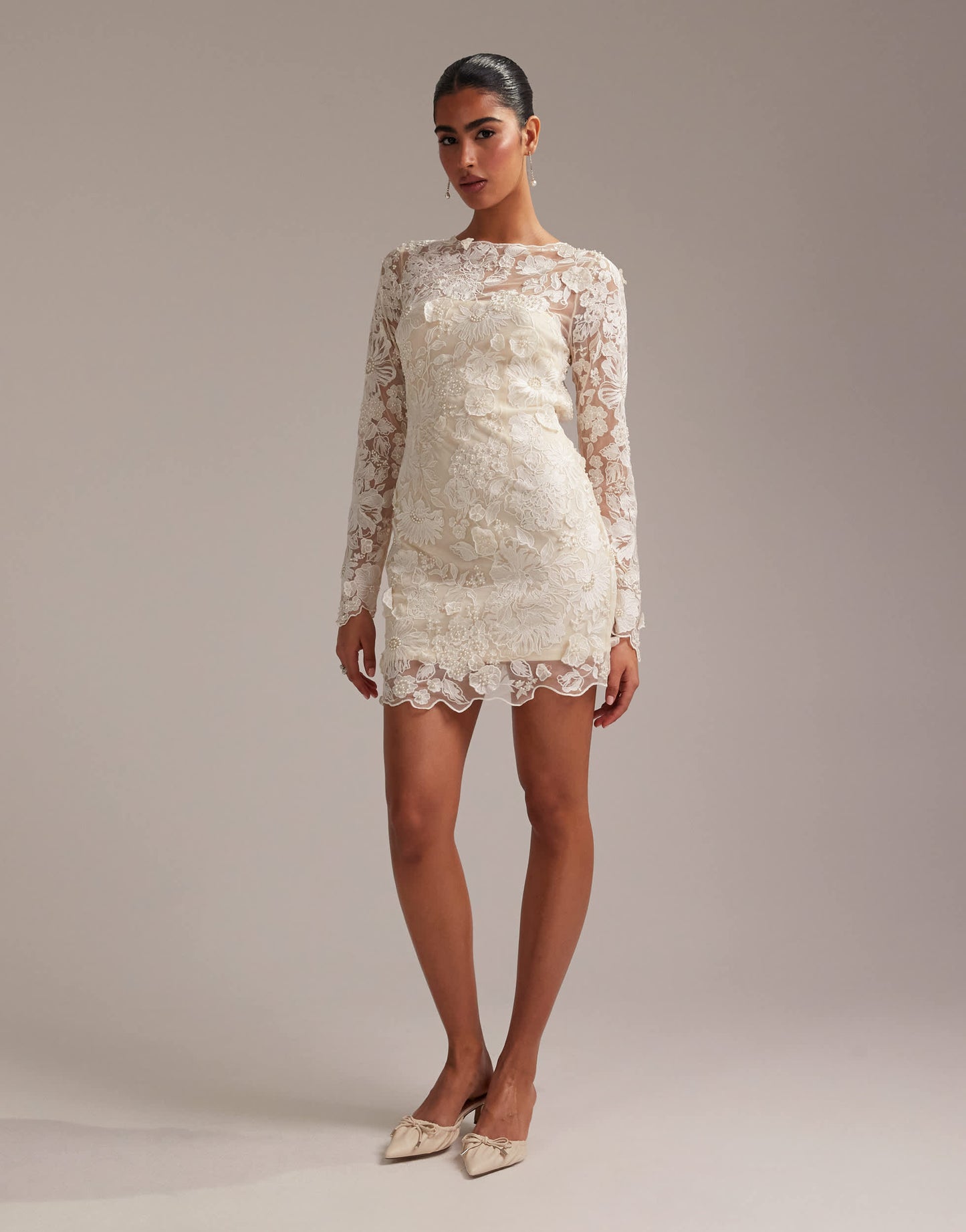 ASOS DESIGN long sleeve embroidered mini wedding dress in cream
