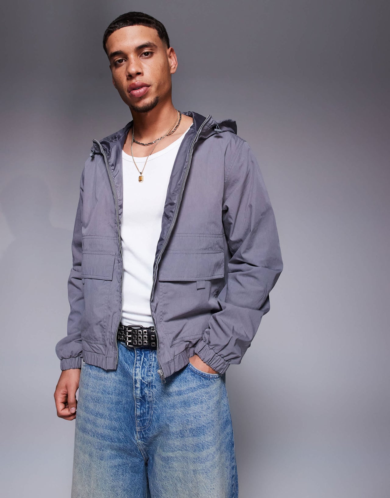 ASOS DESIGN windbreaker jacket with hood in charcoal