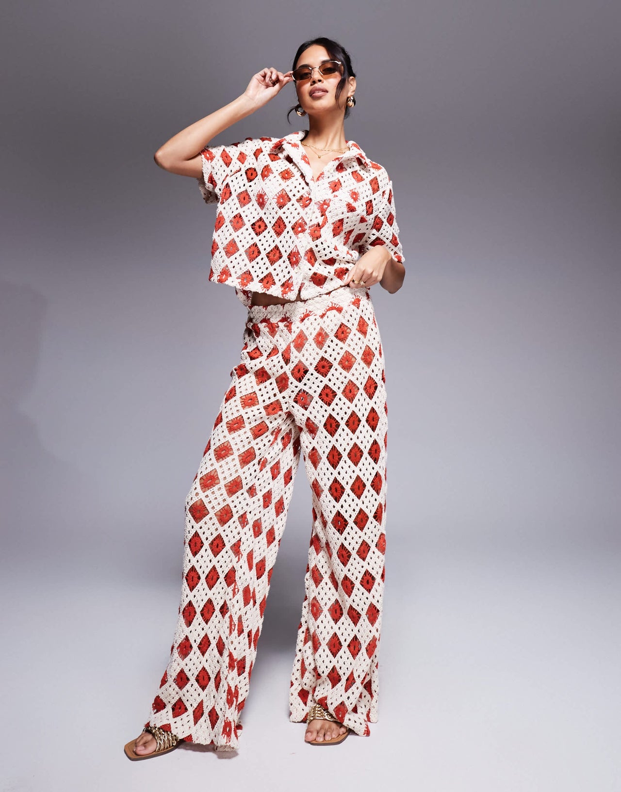 South Beach crochet beach trouser co-ord in cream and rust