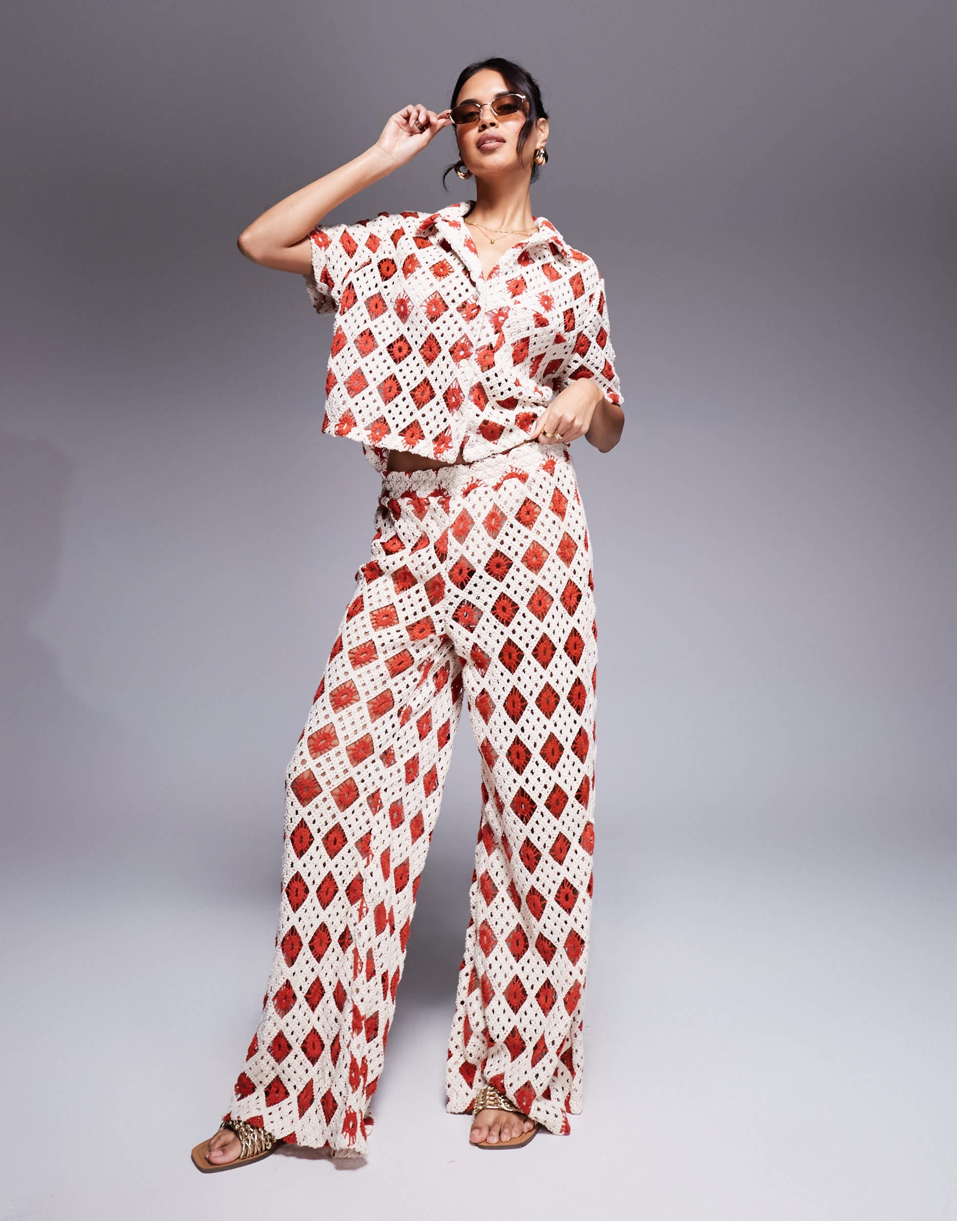 South Beach crochet beach trouser co-ord in cream and rust