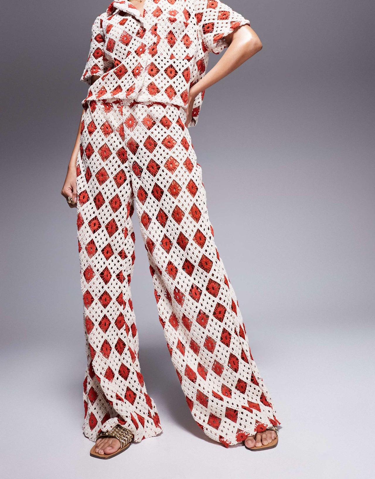 South Beach crochet beach trouser co-ord in cream and rust