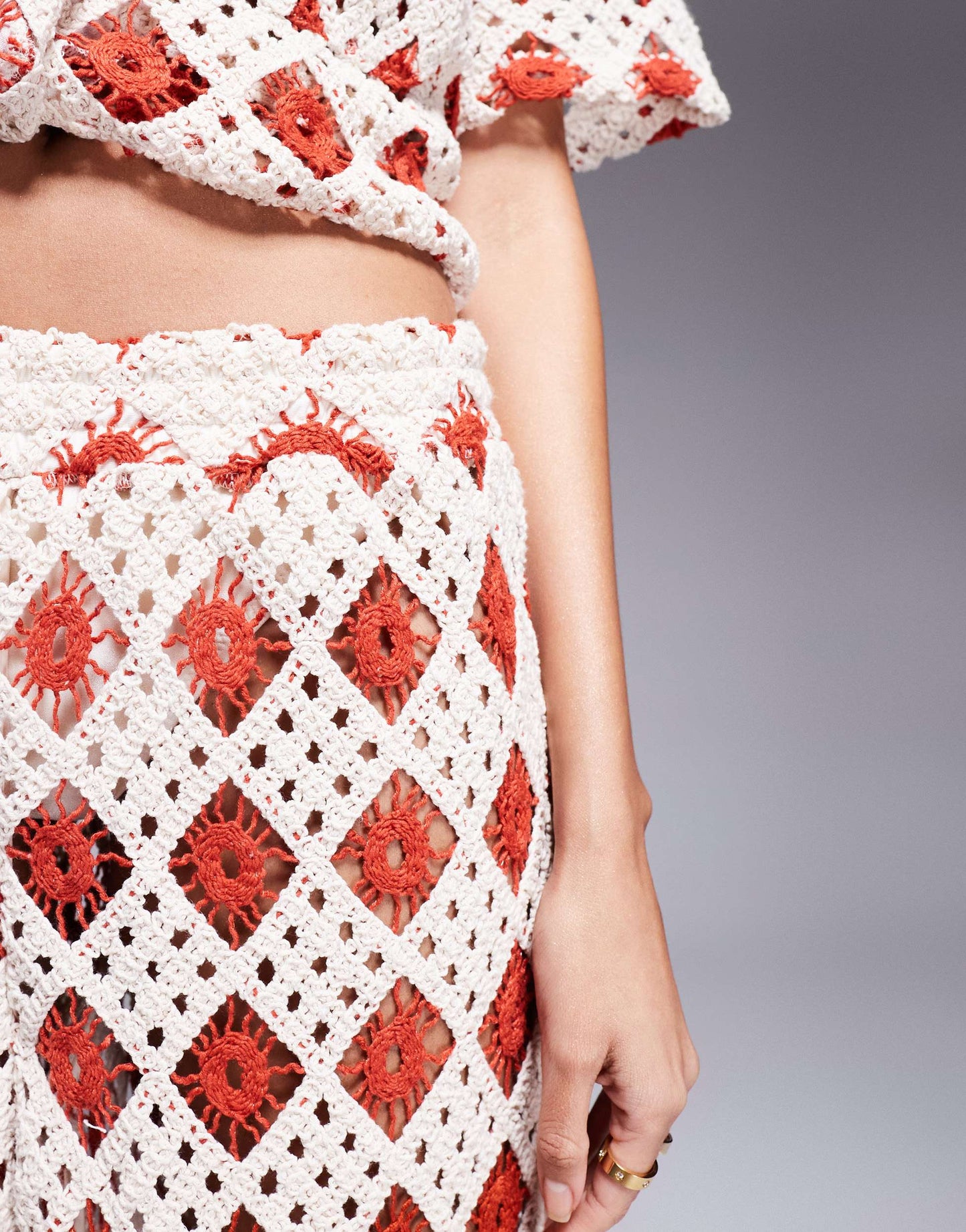 South Beach crochet beach trouser co-ord in cream and rust