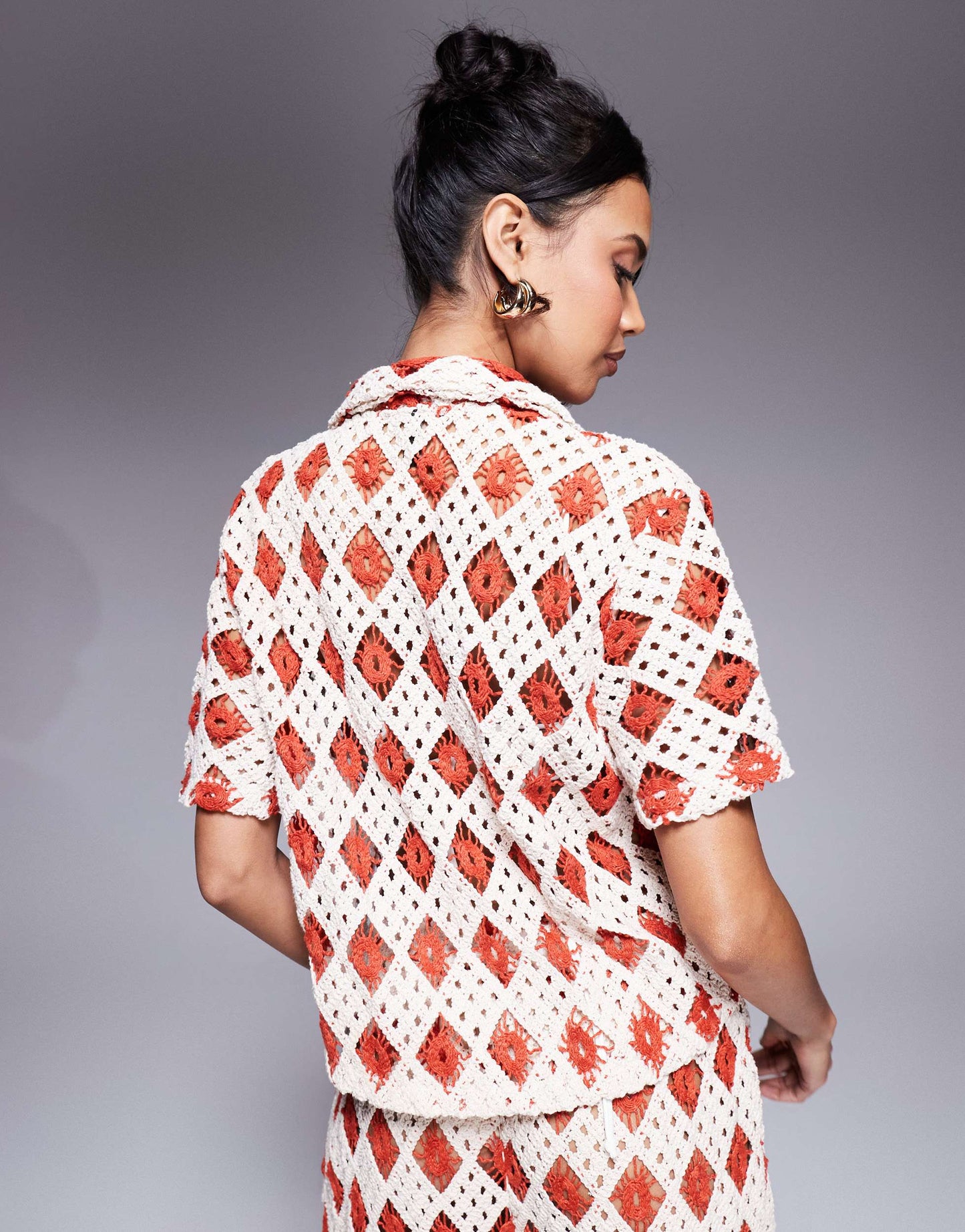 South Beach crochet short sleeve beach shirt co-ord in cream and rust