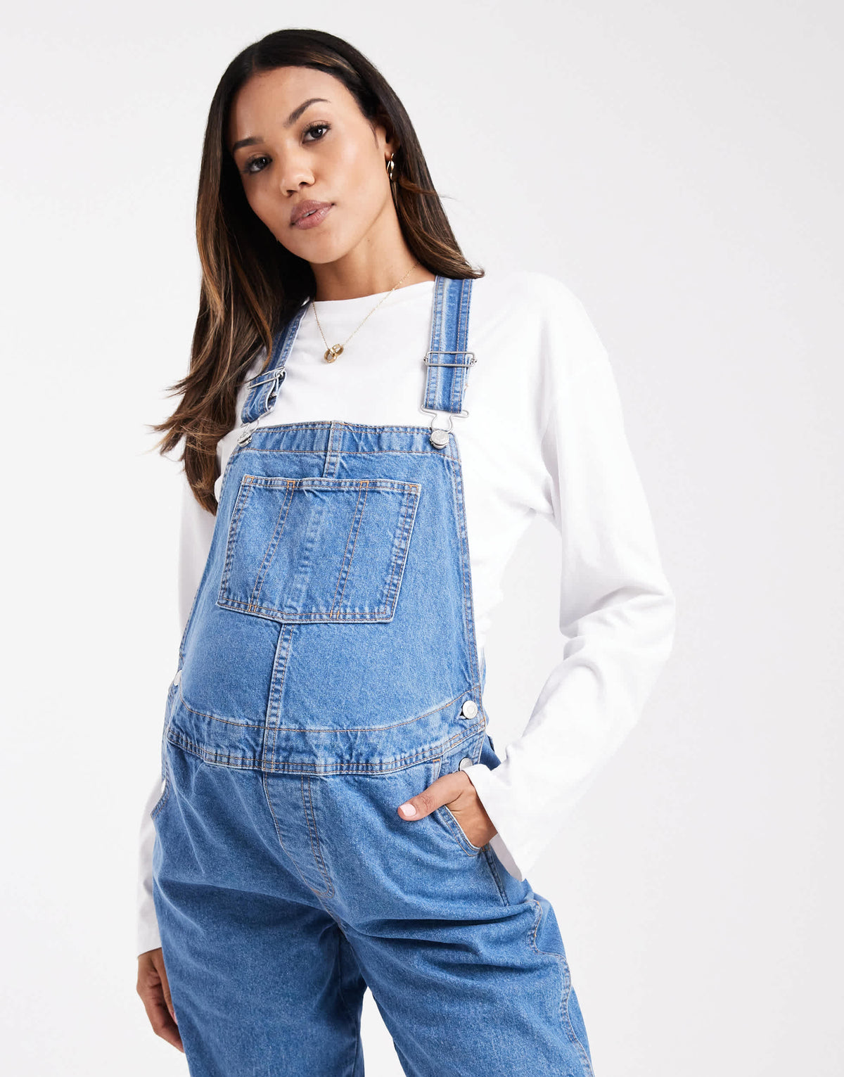 ASOS DESIGN Maternity denim dungaree in mid blue