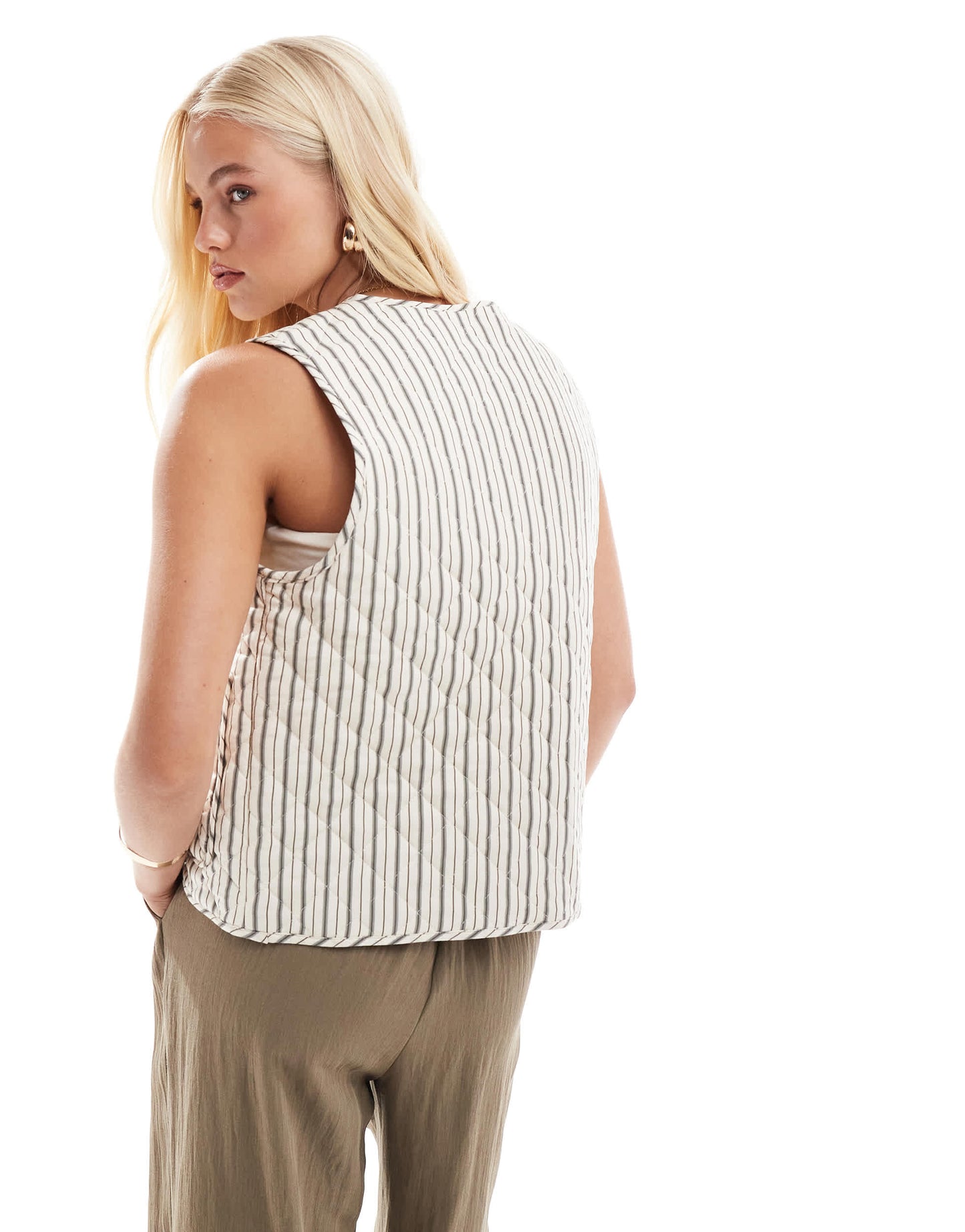 ONLY tie front quilted gilet in beige stripe