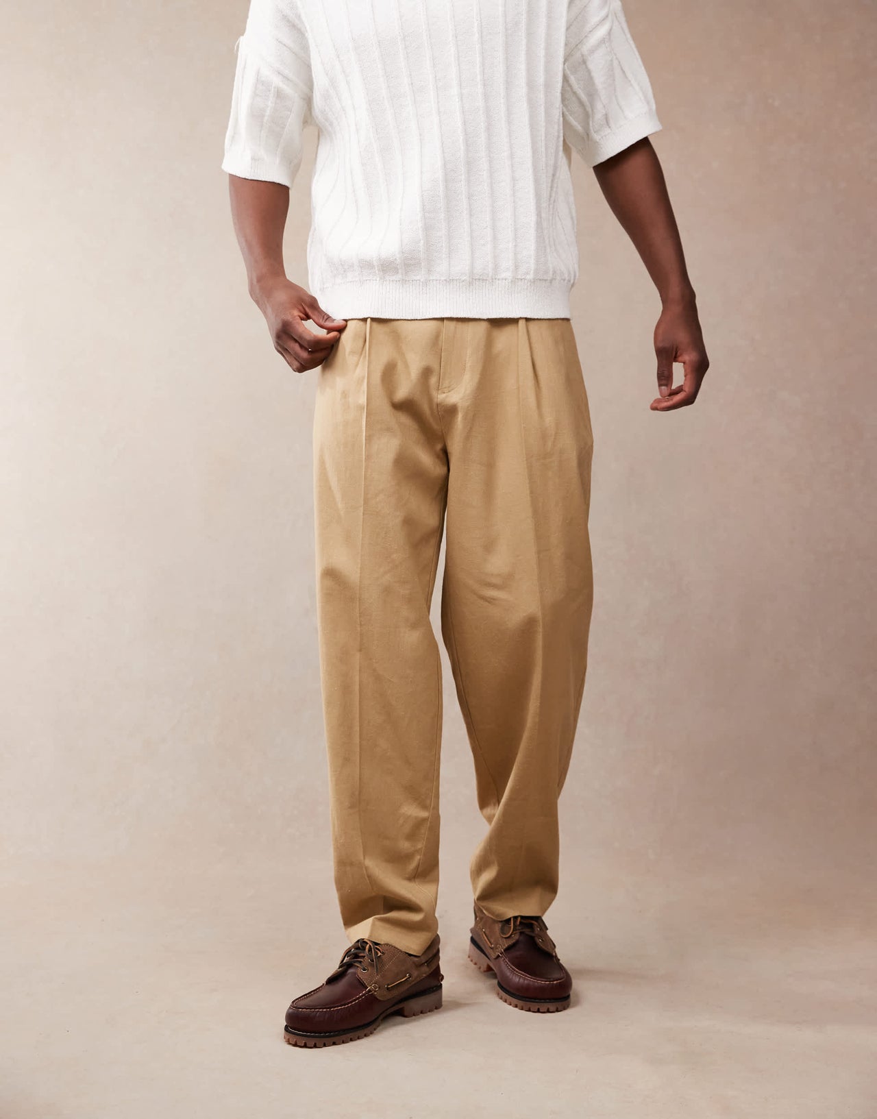 ASOS DESIGN smart oversized tapered linen blend trousers with front pleat in camel