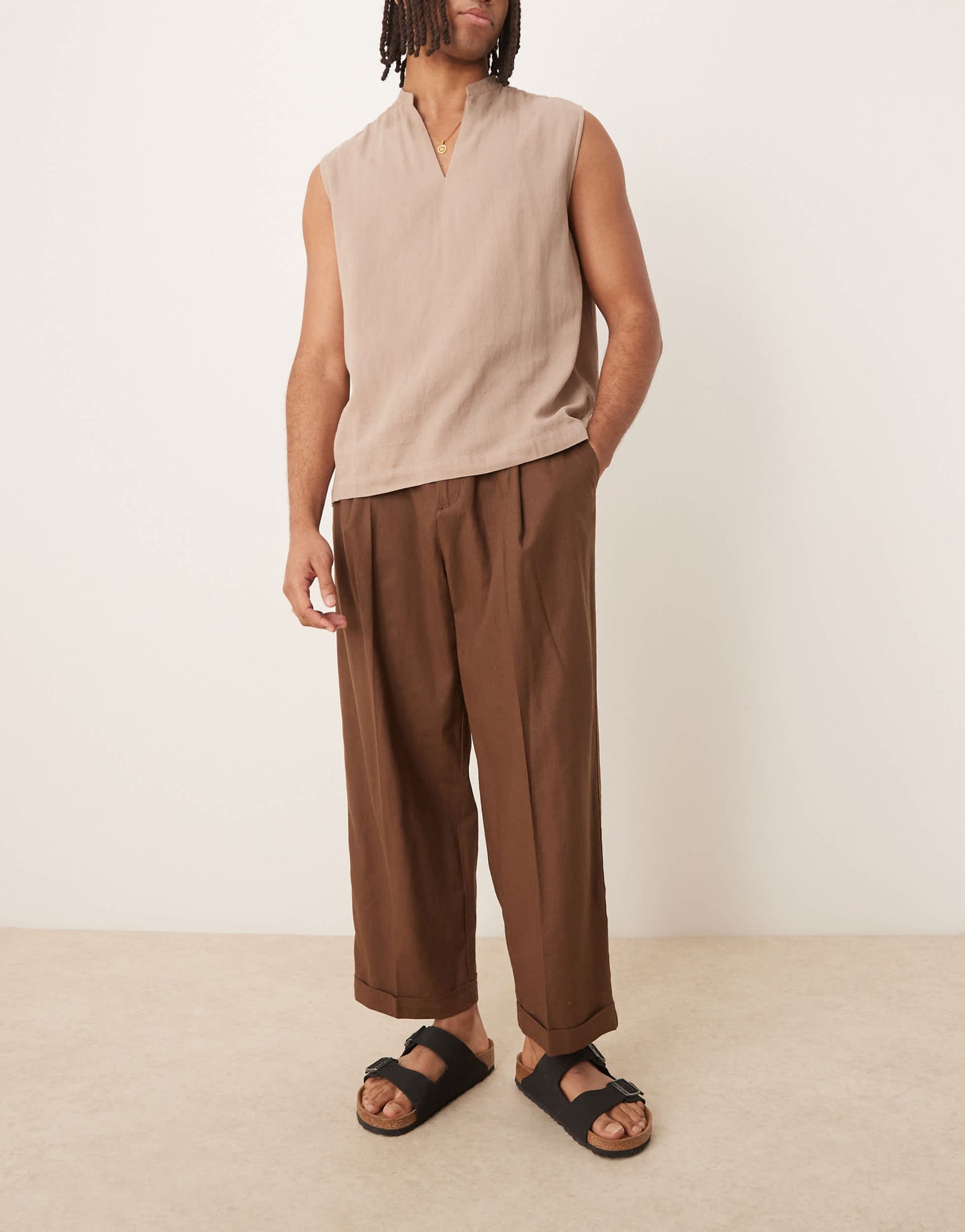 ASOS DESIGN smart cropped balloon linen blend trousers with front pleat in brown
