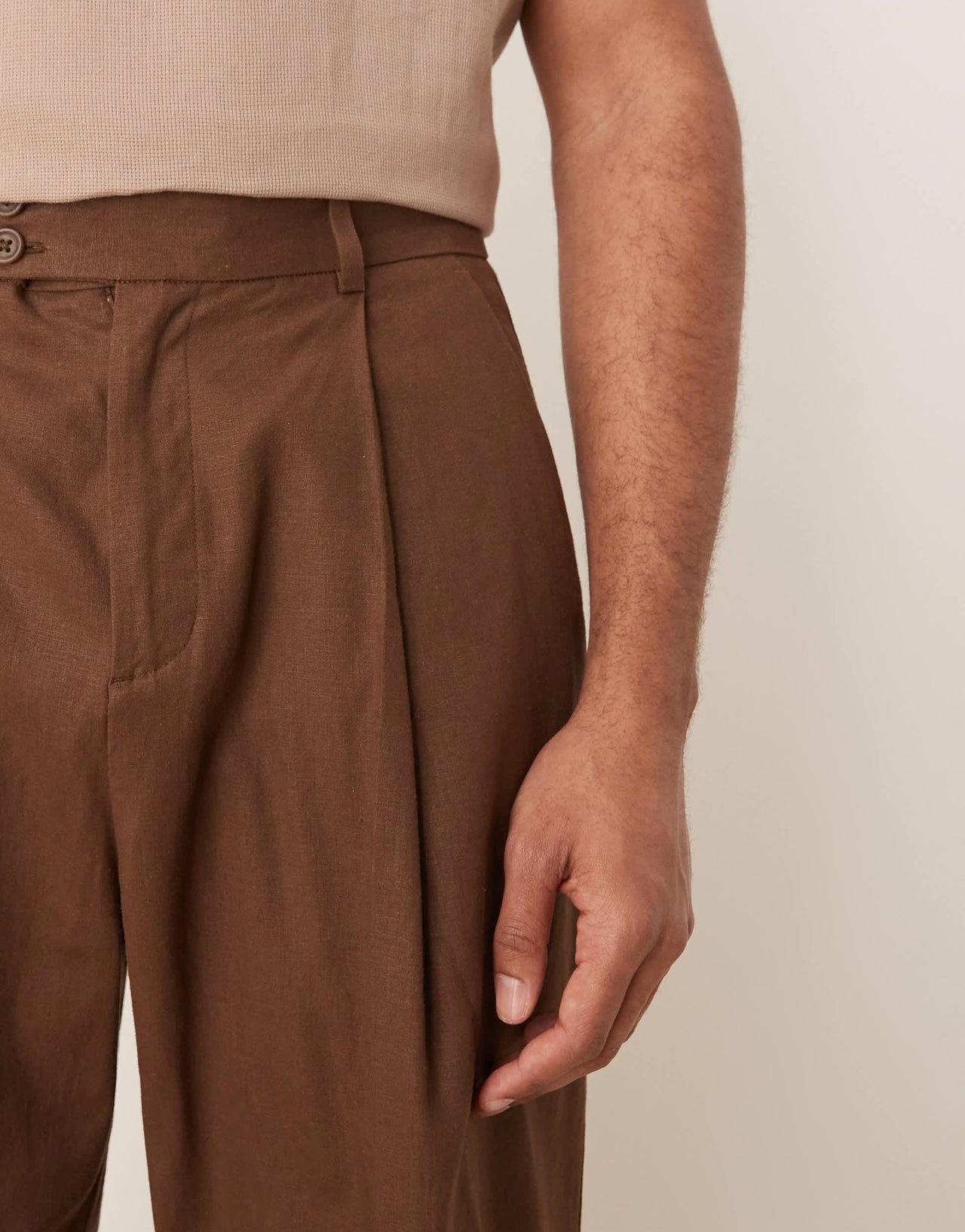 ASOS DESIGN smart cropped balloon linen blend trousers with front pleat in brown