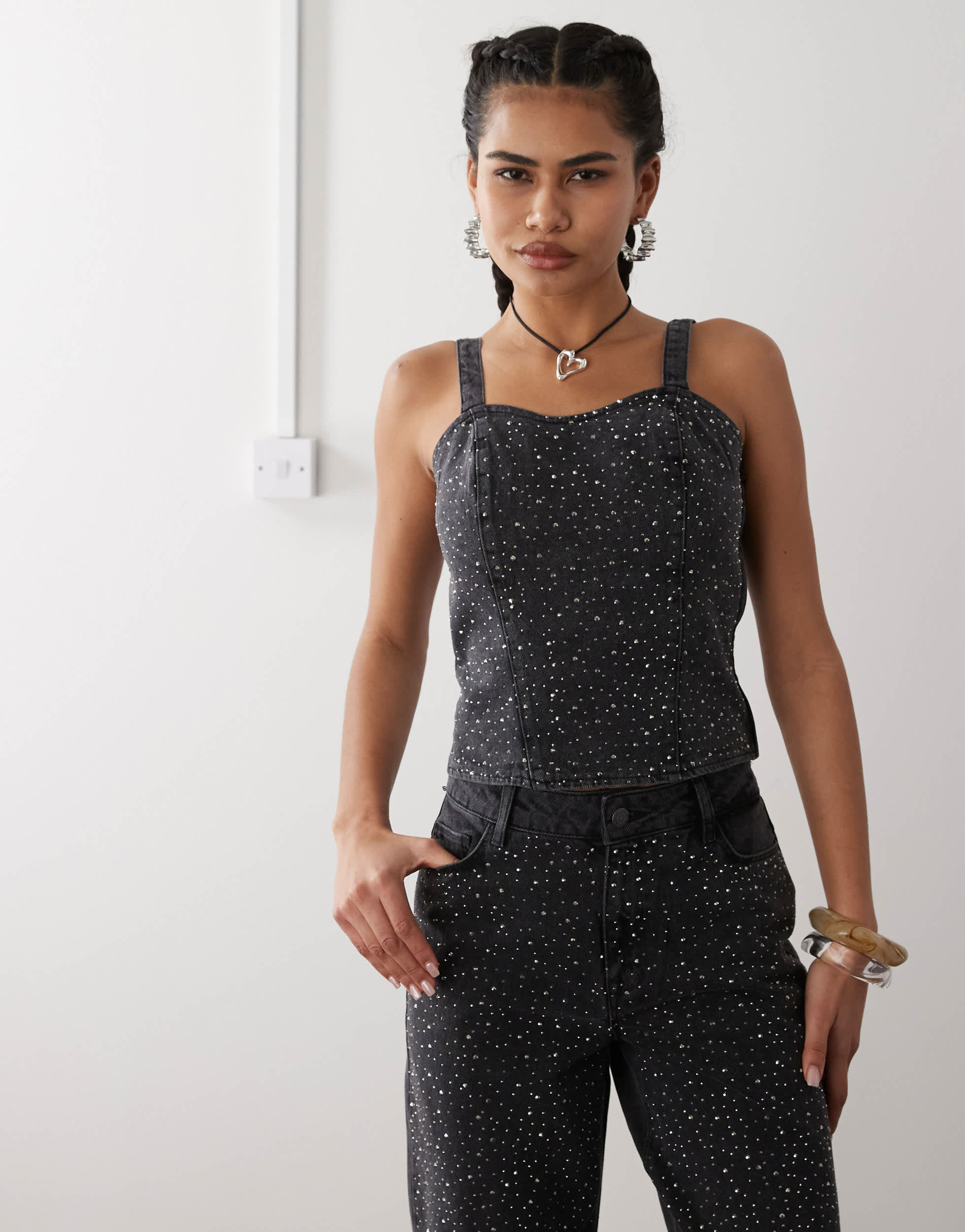 Noisy May denim corset top with rhinestones in black