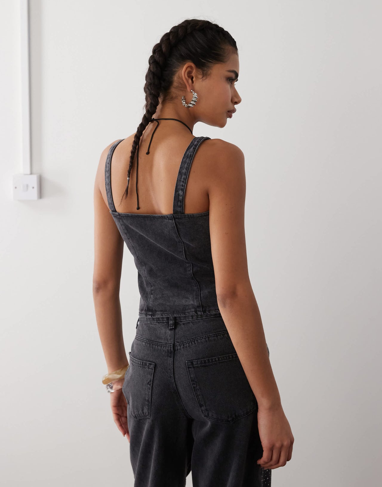 Noisy May denim corset top with rhinestones in black