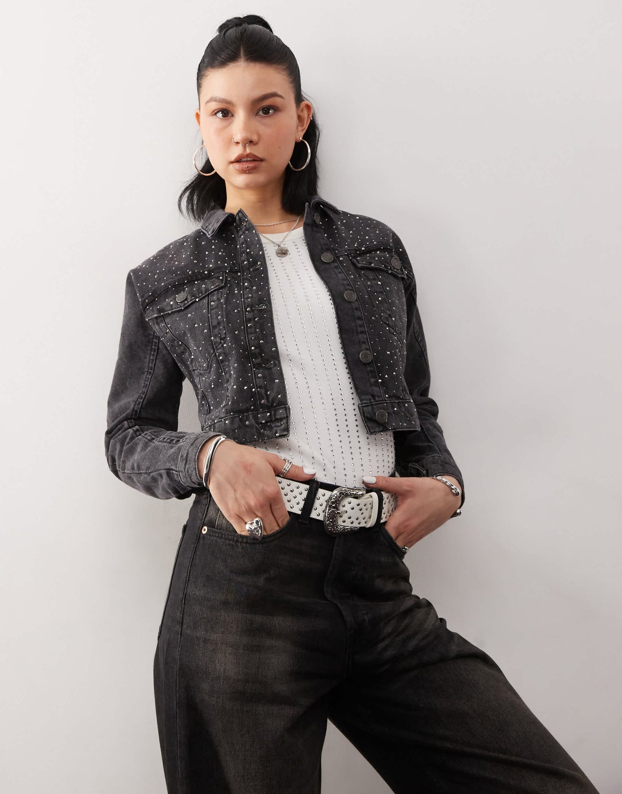 Noisy May cropped denim jacket with rhinestones in black