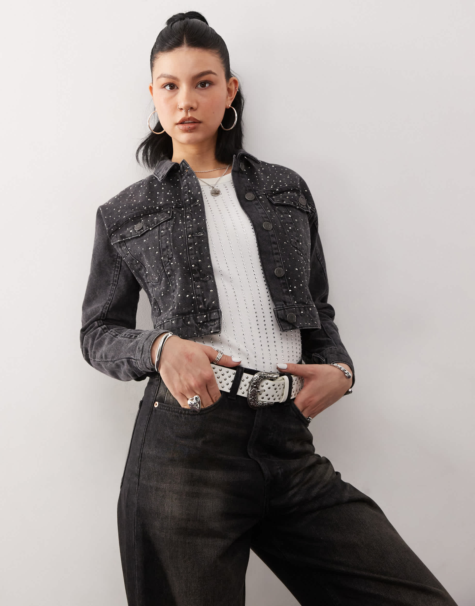 Noisy May cropped denim jacket with rhinestones in black