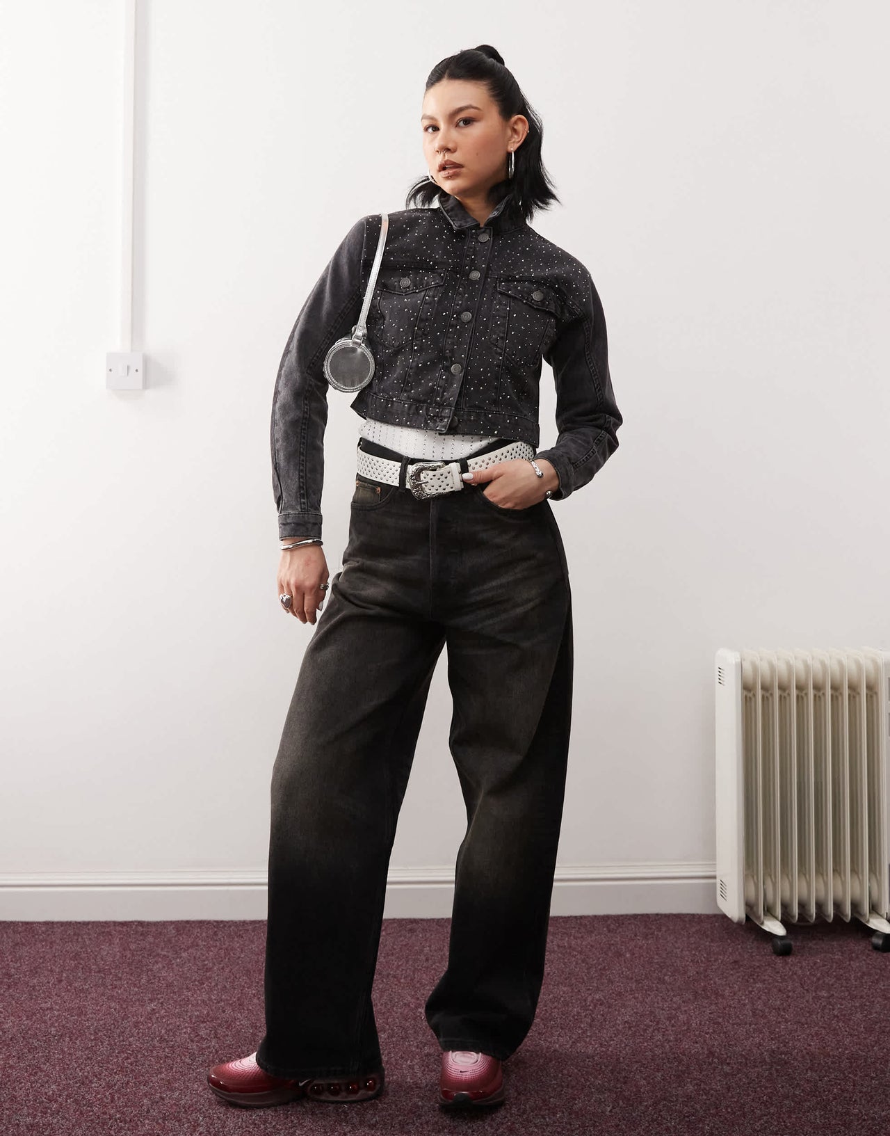 Noisy May cropped denim jacket with rhinestones in black