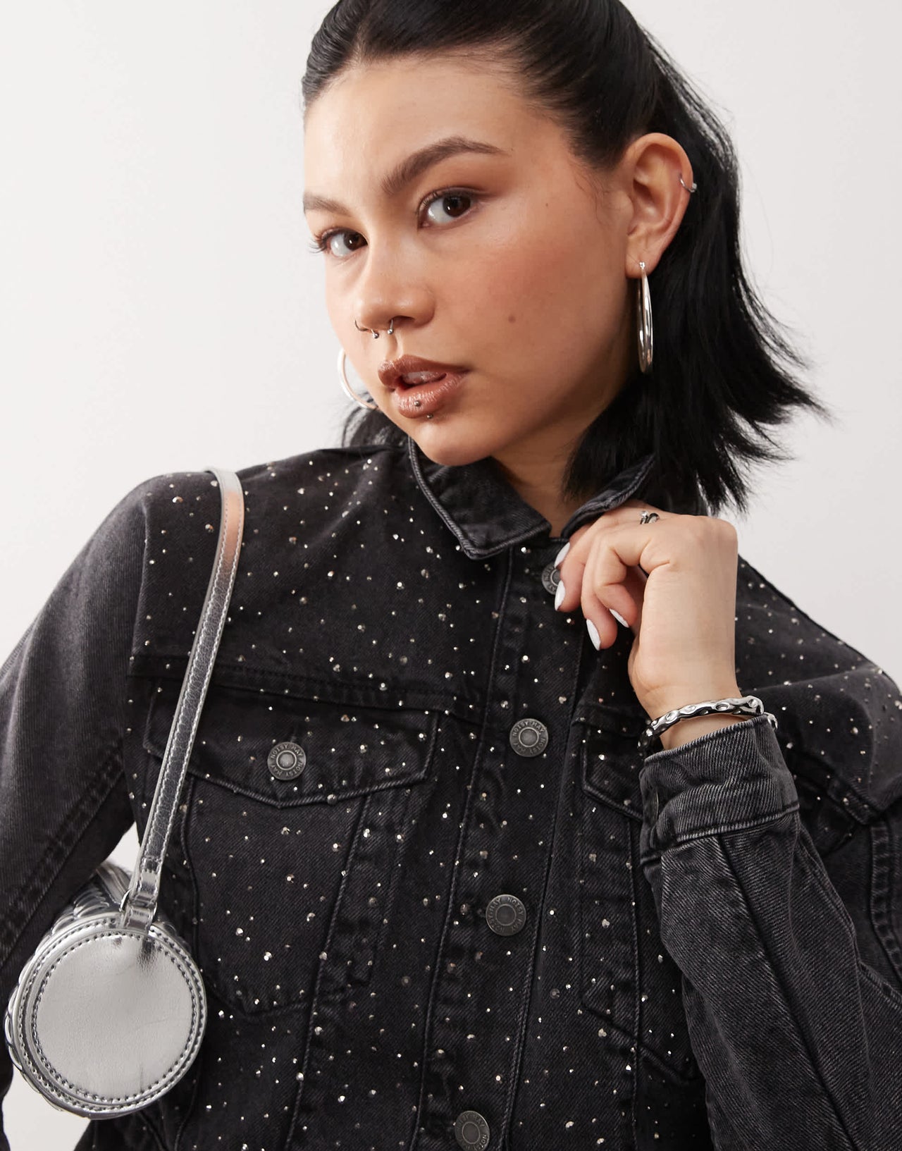 Noisy May cropped denim jacket with rhinestones in black