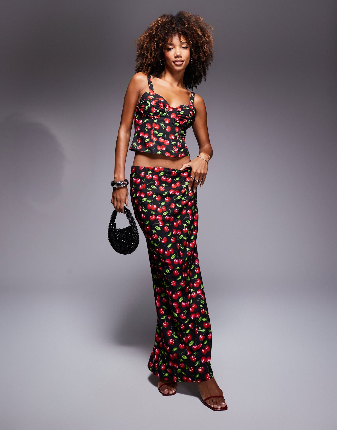 Missyempire low rise back split maxi skirt co-ord in cherry print