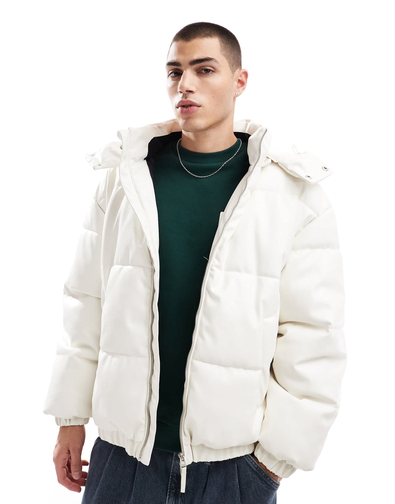 Bershka detachable hooded faux leather puffer in white