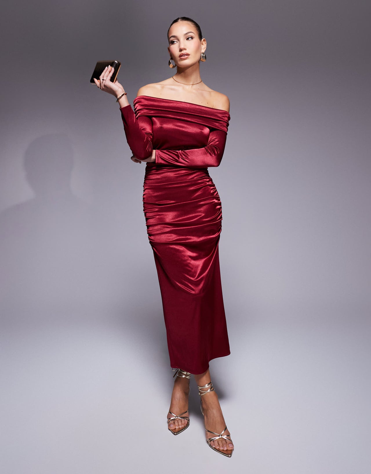 True Violet bardot long sleeve ruched satin midi dress in wine